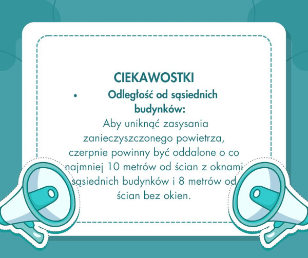 Aby uniknąć zasysania zanieczyszczonego powietrza, czerpnie powinny być oddalone o co najmniej 10 metrów od ścian z oknami sąsiednich budynków i 8 metrów od ścian bez okien.